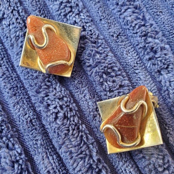 Abstract Goldstone Clip Earrings Amber Adventurine Copper Wire Vintage Mod Retro - Picture 7 of 16